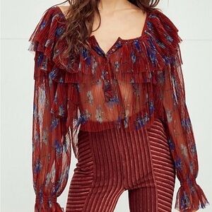 Free People Frills and Thrills Ruffle Sheer Blouse Top XS